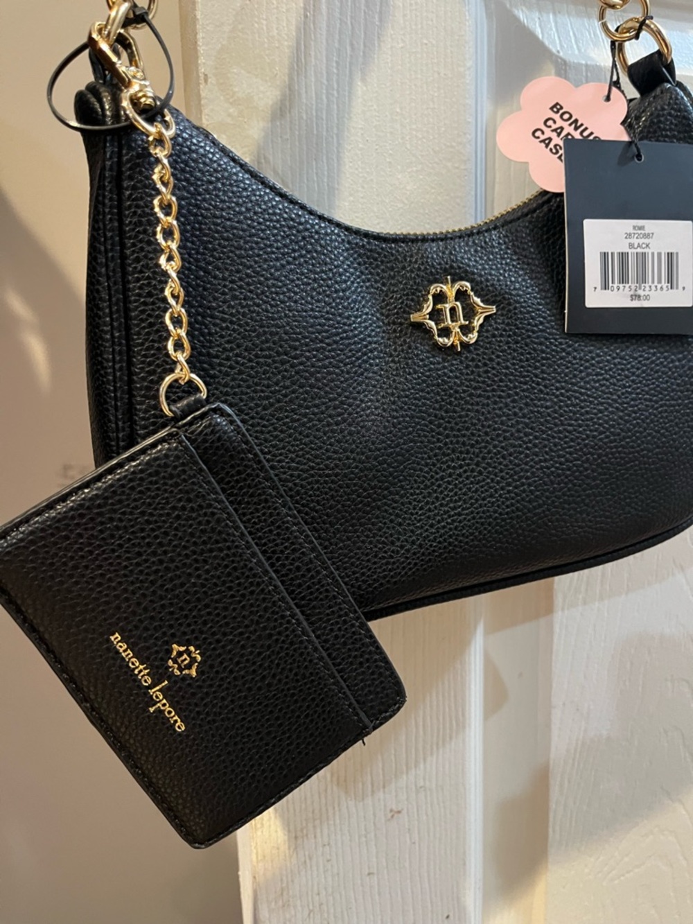 Nanette Lepore Black Pebbled Leather Shoulder Bag with Card Carrying Case